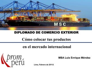 DIPLOMADO DE COMERCIO EXTERIOR
Cómo colocar tus productos
en el mercado internacional
MBA Luis Enrique Méndez
Lima, Febrero de 20112
 