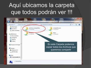 Aquí ubicamos la carpeta
 que todos podrán ver !!!




               En esta Carpeta podemos
              copiar todos los Archivos que
                  queremos compartir
 