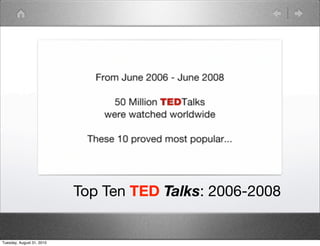 Top Ten TED Talks: 2006-2008


Tuesday, August 31, 2010
 