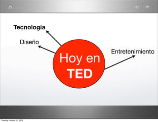 Tecnología

                    Diseño
                                      Entretenimiento
                             Hoy en
                              TED


Tuesday, August 31, 2010
 