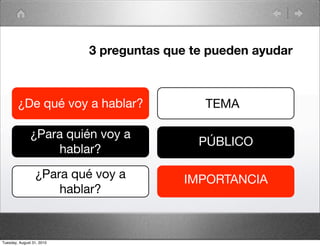 3 preguntas que te pueden ayudar



        ¿De qué voy a hablar?                TEMA

               ¿Para quién voy a
                                            PÚBLICO
                    hablar?

                 ¿Para qué voy a         IMPORTANCIA
                     hablar?



Tuesday, August 31, 2010
 