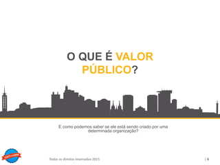 Copyright © ELO Group 2013 - Confidencial
| 6Todos os direitos reservados 2015
O QUE É VALOR
PÚBLICO?
E como podemos saber se ele está sendo criado por uma
determinada organização?
 