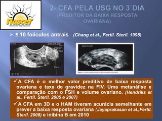  ≤ 10 folículos antrais (Chang et al., Fertil. Steril. 1998)




 A CFA é o melhor valor preditivo de baixa resposta
   ovariana e taxa de gravidez na FIV. Uma metanálise e
   comparação com o FSH e volume ovariano. (Hendriks et
   al., Fertil. Steril. 2005 e 2007)
 A CFA em 3D e o HAM tiveram acurácia semelhante em
   prever a baixa resposta ovariana (Jayaprakasan et al.,Fertil.
   Steril. 2008) e inibina B em 2010
 