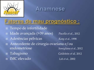    Tempo de infertilidade
   Idade avançada (>39 anos)    Pacella et al., 2012
   Aderências pélvicas          Keay et al., 1998
   Antecedente de cirurgia ovariana e/ou
    endometriose                 Somigliana et al., 2012

   Tabagismo                    Goldstein et al, 2012
   IMC elevado                   Loh et al., 2002
 