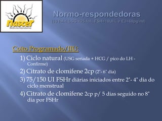 Coito Programado/IIU:
  1) Ciclo natural (USG seriada + HCG / pico do LH -
     Confirme)
  2) Citrato de clomifene 2cp (2˚- 6˚ dia)
  3) 75/150 UI FSHr diárias iniciados entre 2˚- 4˚ dia do
     ciclo menstrual
  4) Citrato de clomifene 2cp p/ 5 dias seguido no 8˚
     dia por FSHr
 