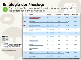 Estratégia dos #hastags
Faça uma análise da popularidade dos #usados no mercado e a
sua correlação com os #sugeridos
2
Deteta #Trending
 