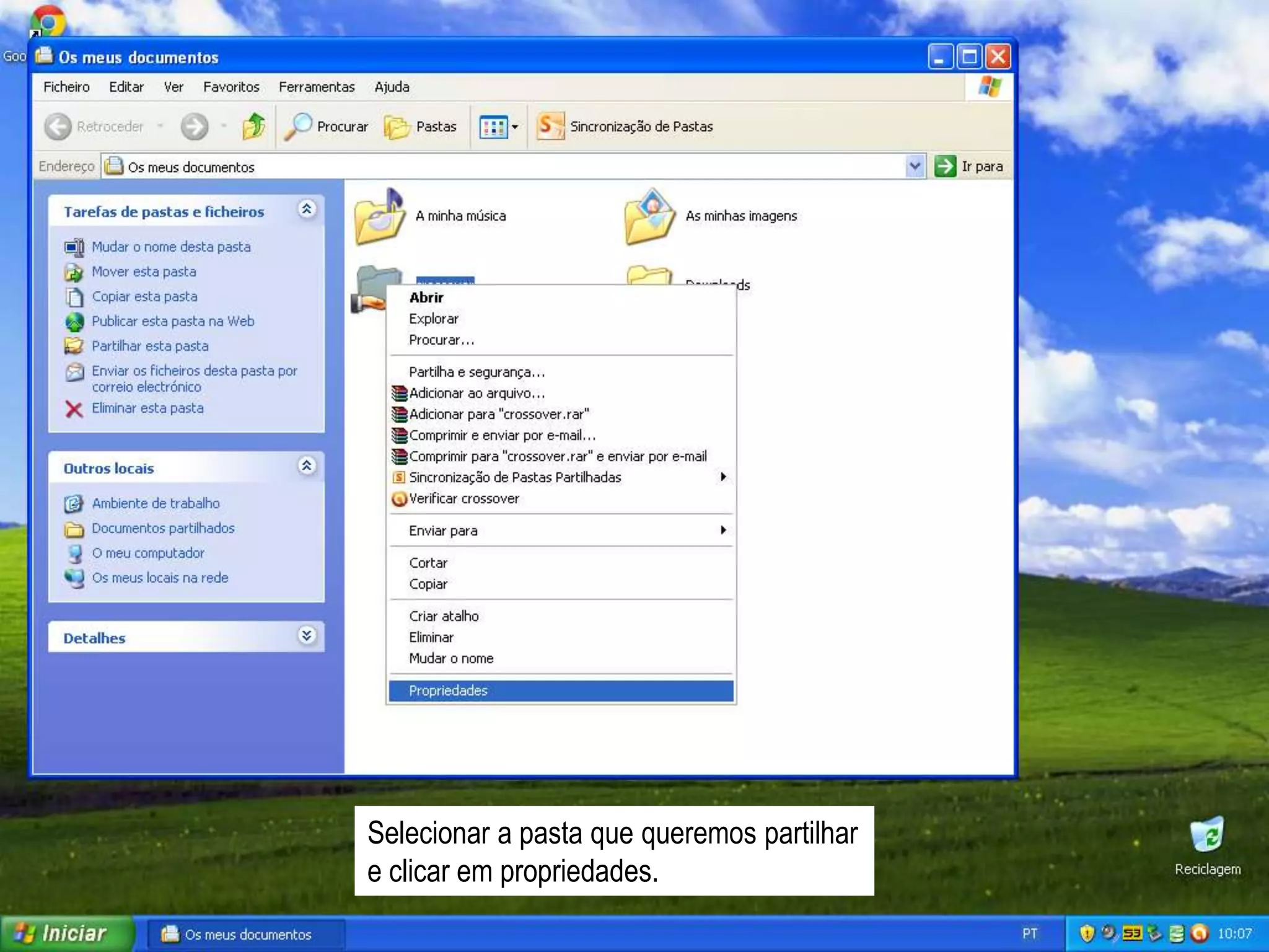 Selecionar a pasta que queremos partilhar
e clicar em propriedades.
 