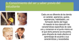 1. Conocimiento del ser y saber previo del
estudiante
Cada uno es diferente de los demás
en carácter, apariencia, gustos,
experiencias, habilidades y en
formación dentro del hogar.
Al maestro le toca descubrir las
características especificas de cada
uno y comenzar en el punto mismo en
el que dicha persona se encuentra,
para ofrecerle de modo efectivo el
aprendizaje de acuerdo a sus
características y necesidades
 