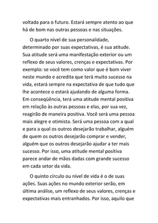 voltada para o futuro. Estará sempre atento ao que
há de bom nas outras pessoas e nas situações.
    O quarto nível de sua personalidade,
determinado por suas expectativas, é sua atitude.
Sua atitude será uma manifestação exterior ou um
reflexo de seus valores, crenças e expectativas. Por
exemplo: se você tem como valor que é bom viver
neste mundo e acredita que terá muito sucesso na
vida, estará sempre na expectativa de que tudo que
lhe acontece o estará ajudando de alguma forma.
Em conseqüência, terá uma atitude mental positiva
em relação às outras pessoas e elas, por sua vez,
reagirão de maneira positiva. Você será uma pessoa
mais alegre e otimista. Será uma pessoa com a qual
e para a qual os outros desejarão trabalhar, alguém
de quem os outros desejarão comprar e vender,
alguém que os outros desejarão ajudar a ter mais
sucesso. Por isso, uma atitude mental positiva
parece andar de mãos dadas com grande sucesso
em cada setor da vida.
    O quinto círculo ou nível de vida é o de suas
ações. Suas ações no mundo exterior serão, em
última análise, um reflexo de seus valores, crenças e
expectativas mais entranhados. Por isso, aquilo que
 