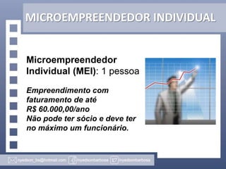 MICROEMPREENDEDOR INDIVIDUAL

Microempreendedor
Individual (MEI): 1 pessoa
Empreendimento com
faturamento de até
R$ 60.000,00/ano
Não pode ter sócio e deve ter
no máximo um funcionário.

 