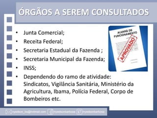 ÓRGÃOS A SEREM CONSULTADOS
•
•
•
•
•
•

Junta Comercial;
Receita Federal;
Secretaria Estadual da Fazenda ;
Secretaria Municipal da Fazenda;
INSS;
Dependendo do ramo de atividade:
Sindicatos, Vigilância Sanitária, Ministério da
Agricultura, Ibama, Polícia Federal, Corpo de
Bombeiros etc.

 