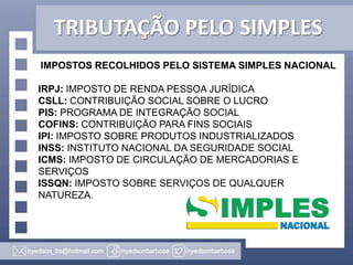 TRIBUTAÇÃO PELO SIMPLES
IMPOSTOS RECOLHIDOS PELO SISTEMA SIMPLES NACIONAL
IRPJ: IMPOSTO DE RENDA PESSOA JURÍDICA
CSLL: CONTRIBUIÇÃO SOCIAL SOBRE O LUCRO
PIS: PROGRAMA DE INTEGRAÇÃO SOCIAL
COFINS: CONTRIBUIÇÃO PARA FINS SOCIAIS
IPI: IMPOSTO SOBRE PRODUTOS INDUSTRIALIZADOS
INSS: INSTITUTO NACIONAL DA SEGURIDADE SOCIAL
ICMS: IMPOSTO DE CIRCULAÇÃO DE MERCADORIAS E
SERVIÇOS
ISSQN: IMPOSTO SOBRE SERVIÇOS DE QUALQUER
NATUREZA.

 