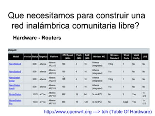 Que necesitamos para construir una
 red inalámbrica comunitaria libre?
 Hardware - Routers




            http://www.openwrt.org ---> toh (Table Of Hardware)
 