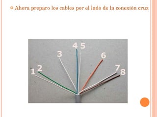 Ahora preparo los cables por el lado de la conexión cruzada: 1-blanco pareja de verde, 2-verde, 3-blanco pareja de naranja, 4-azul ...   