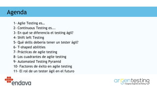 Agenda
1- Agile Testing es…
2- Continuous Testing es...
3- En qué se diferencia el testing ágil?
4- Shift left Testing
5- Qué skills debería tener un tester ágil?
6- T-shaped abilities
7- Prácticas de agile testing
8- Los cuadrantes de agile testing
9- Automated Testing Pyramid
10- Factores de éxito en agile testing
11- El rol de un tester ágil en el futuro
 