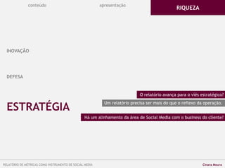 conteúdo apresentação
O relatório avança para o víés estratégico?
Há um alinhamento da área de Social Media com o business do cliente?
RIQUEZA
DEFESA
ESTRATÉGIA
Um relatório precisa ser mais do que o reflexo da operação.
INOVAÇÃO
RELATÓRIO DE MÉTRICAS COMO INSTRUMENTO DE SOCIAL MEDIA Cinara Moura
 