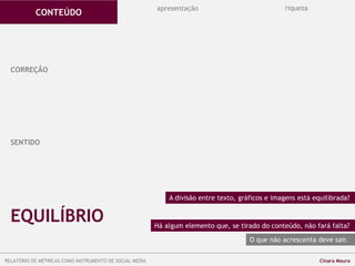 CORREÇÃO
SENTIDO
EQUILÍBRIO
A divisão entre texto, gráficos e imagens está equilibrada?
Há algum elemento que, se tirado do conteúdo, não fará falta?
CONTEÚDO
apresentação riqueza
O que não acrescenta deve sair.
RELATÓRIO DE MÉTRICAS COMO INSTRUMENTO DE SOCIAL MEDIA Cinara Moura
 