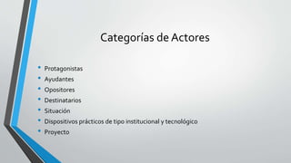 Categorías de Actores
• Protagonistas
• Ayudantes
• Opositores
• Destinatarios
• Situación
• Dispositivos prácticos de tipo institucional y tecnológico
• Proyecto
 