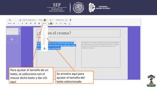 Para ajustar el tamaño de un
texto, se selecciona con el
mouse dicho texto y dar clic
aquí
Se arrastra aquí para
ajustar el tamaño del
texto seleccionado
 
