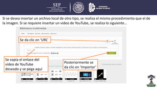 Si se desea insertar un archivo local de otro tipo, se realiza el mismo procedimiento que el de
la imagen. Si se requiere insertar un video de YouTube, se realiza lo siguiente…
Se da clic en ‘URL’
Se copia el enlace del
video de YouTube
deseado y se pega aquí
Posteriormente se
da clic en ‘Importar’
 