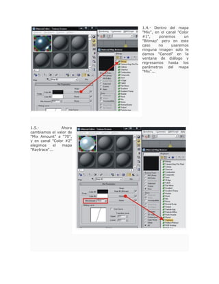 1.4.- Dentro del mapa
"Mix", en el canal "Color
#1", ponemos un
"Bitmap" pero en este
caso no usaremos
ninguna imagen solo le
damos "Cancel" en la
ventana de diálogo y
regresamos hasta los
parámetros del mapa
"Mix"...
1.5.- Ahora
cambiamos el valor de
"Mix Amount" a "70",
y en canal "Color #2"
elegimos el mapa
"Raytrace"...
 