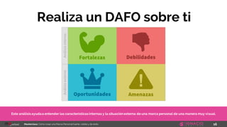 16Masterclass: Cómo crear una Marca Personal fuerte, visible y de éxito
Este análisis ayudaa entender las características internas y la situaciónexterna de una marca personal de una manera muy visual.
Realiza un DAFO sobre ti
 