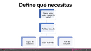 40Masterclass: Cómo crear una Marca Personal fuerte, visible y de éxito
Define qué necesitas
Página web o
blog o escaparate
digital
Perfil de LinkedIn
Página de
Facebook
Perfil de Twitter
Perfil de
Instagram
 