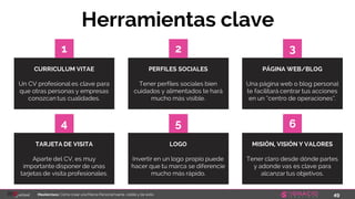 49Masterclass: Cómo crear una Marca Personal fuerte, visible y de éxito
CURRICULUM VITAE
Un CV profesional es clave para
que otras personas y empresas
conozcan tus cualidades.
PERFILES SOCIALES
Tener perfiles sociales bien
cuidados y alimentados te hará
mucho más visible.
Herramientas clave
1 2
PÁGINA WEB/BLOG
Una página web o blog personal
te facilitará centrar tus acciones
en un “centro de operaciones”.
3
TARJETA DE VISITA
Aparte del CV, es muy
importante disponer de unas
tarjetas de visita profesionales.
LOGO
Invertir en un logo propio puede
hacer que tu marca se diferencie
mucho más rápido.
4 5
MISIÓN, VISIÓN Y VALORES
Tener claro desde dónde partes
y adonde vas es clave para
alcanzar tus objetivos.
6
 