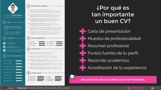 52Masterclass: Cómo crear una Marca Personal fuerte, visible y de éxito
Carta de presentación
Muestra de profesionalidad
Resumen profesional
Puntos fuertes de tu perfil
¿Por qué es
tan importante
un buen CV?
Recorrido académico
Acreditación de tu experiencia
MEGAGUÍA PARA CREAR UN CURRICULUM VITAE PROFESIONAL
 