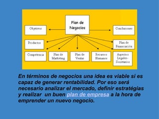 En términos de negocios una idea es viable si es capaz de generar rentabilidad. Por eso será necesario analizar el mercado, definir estratégias y realizar  un buen  plan de empresa  a la hora de emprender un nuevo negocio. 