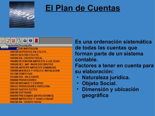 Es una ordenación sistemática de todas las cuentas que forman parte de un sistema contable. Factores a tener en cuenta para su elaboración:  Naturaleza jurídica. Objeto Social. Dimensión y ubicación geográfica El Plan de Cuentas 
