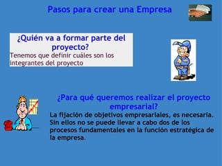   Pasos para crear una Empresa ¿Quién va a formar parte del proyecto?   Tenemos que definir cuáles son los integrantes del proyecto ¿Para qué queremos realizar el proyecto empresarial? La fijación de objetivos empresariales, es necesaria. Sin ellos no se puede llevar a cabo dos de los procesos fundamentales en la función estratégica de la empresa . 