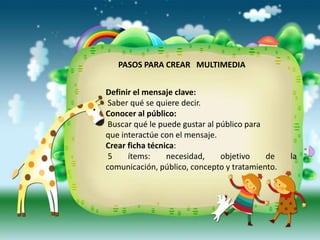 PASOS PARA CREAR MULTIMEDIA


Definir el mensaje clave:
 Saber qué se quiere decir.
Conocer al público:
 Buscar qué le puede gustar al público para
que interactúe con el mensaje.
Crear ficha técnica:
 5    ítems:     necesidad,     objetivo    de   la
comunicación, público, concepto y tratamiento.
 