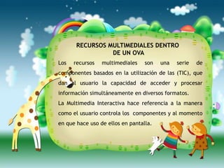 RECURSOS MULTIMEDIALES DENTRO
                 DE UN OVA
Los   recursos   multimediales    son   una   serie   de
componentes basados en la utilización de las (TIC), que
dan al usuario la capacidad de acceder y procesar
información simultáneamente en diversos formatos.
La Multimedia Interactiva hace referencia a la manera
como el usuario controla los componentes y al momento
en que hace uso de ellos en pantalla.
 