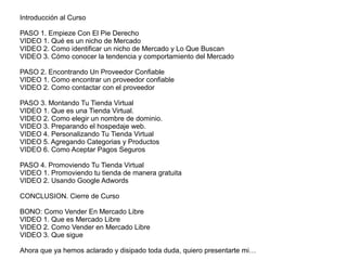 Introducción al Curso
PASO 1. Empieze Con El Pie Derecho
VIDEO 1. Qué es un nicho de Mercado
VIDEO 2. Como identificar un nicho de Mercado y Lo Que Buscan
VIDEO 3. Cómo conocer la tendencia y comportamiento del Mercado
PASO 2. Encontrando Un Proveedor Confiable
VIDEO 1. Como encontrar un proveedor confiable
VIDEO 2. Como contactar con el proveedor
PASO 3. Montando Tu Tienda Virtual
VIDEO 1. Que es una Tienda Virtual.
VIDEO 2. Como elegir un nombre de dominio.
VIDEO 3. Preparando el hospedaje web.
VIDEO 4. Personalizando Tu Tienda Virtual
VIDEO 5. Agregando Categorias y Productos
VIDEO 6. Como Aceptar Pagos Seguros
PASO 4. Promoviendo Tu Tienda Virtual
VIDEO 1. Promoviendo tu tienda de manera gratuita
VIDEO 2. Usando Google Adwords
CONCLUSION. Cierre de Curso
BONO: Como Vender En Mercado Libre
VIDEO 1. Que es Mercado Libre
VIDEO 2. Como Vender en Mercado Libre
VIDEO 3. Que sigue
Ahora que ya hemos aclarado y disipado toda duda, quiero presentarte mi…
 