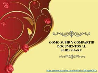 COMO SUBIR Y COMPARTIR
DOCUMENTOS AL
SLIDESHARE.
https://www.youtube.com/watch?v=3Butye0QCKk
 