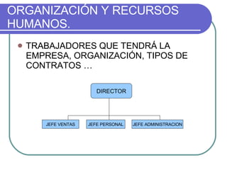 ORGANIZACIÓN Y RECURSOS HUMANOS. TRABAJADORES QUE TENDRÁ LA EMPRESA, ORGANIZACIÓN, TIPOS DE CONTRATOS … DIRECTOR JEFE VENTAS JEFE PERSONAL JEFE ADMINISTRACION 