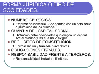 FORMA JURÍDICA O TIPO DE SOCIEDADES. NUMERO DE SOCIOS. Empresario individual, Sociedades con un solo socio o pluralidad de los mismos. CUANTÍA DEL CAPITAL SOCIAL. Distinción entre sociedades que exigen un capital social mínimo y las que no lo exigen. REQUISITOS DE CONSTITUCION. Formalización y trámites burocráticos. OBLIGACIONES FISCALES. RESPONSABILIDAD FRENTE A TERCEROS. Responsabilidad limitada o ilimitada. 