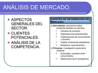 ANÁLISIS DE MERCADO. ASPECTOS GENERALES DEL SECTOR. CLIENTES POTENCIALES. ANÁLISIS DE LA COMPETENCIA. FUENTES DE INFORMACIÓN DEL MERCADO. a)  Secundarias : proporciona datos existentes basados en estudios. Cámaras de comercio. Organizaciones empresariales. Organizaciones de consumidores y usuarios. Instituto nacional de estadísticas.  Ministerios, Ayuntamientos… b)  Primarias : investigación propia de la empresa. Entrevistas: muestreo entre consumidores. Observación de la competencia. 
