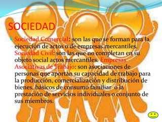 SOCIEDAD
 Sociedad Comercial: son las que se forman para la
ejecución de actos o de empresas mercantiles.
Sociedad Civil: son las que no completan en su
objeto social actos mercantiles. Empresas
Asociativas de Trabajo: son asociaciones de
personas que aportan su capacidad de trabajo para
la producción, comercialización y distribución de
bienes, básicos de consumo familiar o la
prestación de servicios individuales o conjunto de
sus miembros.
 