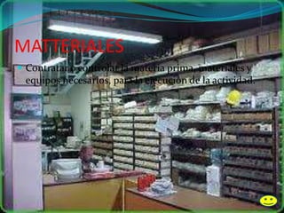 MATTERIALES
 Contratar o controlar la materia prima, materiales y
equipos necesarios, para la ejecución de la actividad.
 