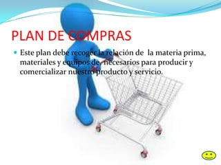 PLAN DE COMPRAS
 Este plan debe recoger la relación de la materia prima,
materiales y equipos de, necesarios para producir y
comercializar nuestro producto y servicio.
 