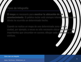8
Cómo crear una infografía
Asesor: Fidel Romero / @fidelromero_mx
Tipos de infografía
El mapa es necesario para mostrar la ubicación de un
acontecimiento. El público lector está siempre interesado en conocer
dónde ha ocurrido un determinado hecho.
Cuando se realiza un mapa de una determinada zona de una
ciudad, por ejemplo, a veces es sólo necesario ubicar las calles más
importantes que circundan en suceso; dibujar cada calle puede ser
confuso.
 