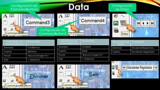 Herramientas de
CommandButton3
Propiedades
(Nombre) CmdEliminar
Caption &Eliminar
Picture “Busca la imagen Pc”
Style 1- Graphical
Configuración de
CommandButton3
Herramientas de
CommandButton4
Propiedades
(Nombre) CmdSalir
Caption &Salir
Picture “Busca la imagen Pc”
Style 1- Graphical
Configuración de
CommandButton3
Data Configuración
de Data1
Herramientas de
Data1
Propiedades
(Nombre) EstudiantesRegistrados
Caption Estudiantes Registrados
 