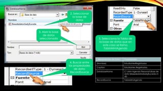 2. Seleccionar
la base de
datos
3. Abrir la base
de datos
seleccionada
4. Buscar entre
las propiedades
de data;
RecordSource
5. Selecciona la Tabla de
la base de datos que en
este caso se llama,
TablaMiniAgenda
Herramientas de Data1 Propiedades
(Nombre) EstudiantesRegistrados
Caption Estudiantes Registrados
DatabaseName C:Mini Agenda PersonalBase de
datoBasededatosSadyEuceda.m
db
RecordSource TablaMiniAgenda
 