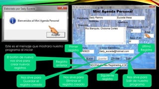Este es el mensaje que mostrara nuestro
programa al iniciar
El botón de nuevo
nos sirve para
crear nuevos
registros
Nos sirve para
Guardar el
registro creado
Nos sirve para
Eliminar el
registro creado
Nos sirve para
Salir de nuestro
programa
Primer
registro
Registro
anterior
Ultimo
Registro
Siguiente
registro
 