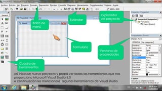 Así inicia un nuevo proyecto y podrá ver todas las herramientas que nos
proporciona Microsoft Visual Studio 6.0
A continuación les mencionaré algunas herramientas de Visual Studio
Explorador
de proyectoEstándar
Formulario
Ventana de
propiedades
Cuadro de
herramientas
Barra de
menú
 