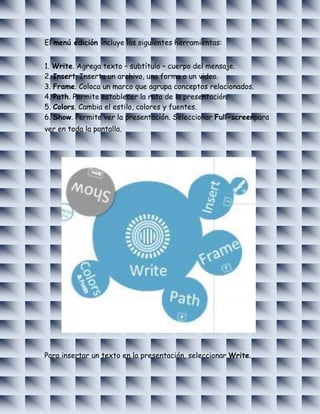 El menú edición incluye las siguientes herramientas:


1. Write. Agrega texto – subtítulo – cuerpo del mensaje.
2. Insert. Inserta un archivo, una forma o un video.
3. Frame. Coloca un marco que agrupa conceptos relacionados.
4. Path. Permite establecer la ruta de la presentación.
5. Colors. Cambia el estilo, colores y fuentes.
6. Show. Permite ver la presentación. Seleccionar Full-screenpara
ver en toda la pantalla.




Para insertar un texto en la presentación, seleccionar Write.
 