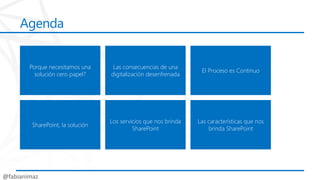 Agenda
Porque necesitamos una
solución cero papel?
SharePoint, la solución
Las consecuencias de una
digitalización desenfr...