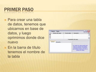 PRIMER PASOPara crear una tabla de datos, tenemos que ubicarnos en base de datos, y luego oprimimos donde dice nuevo En la barra de título tenemos el nombre de la tabla